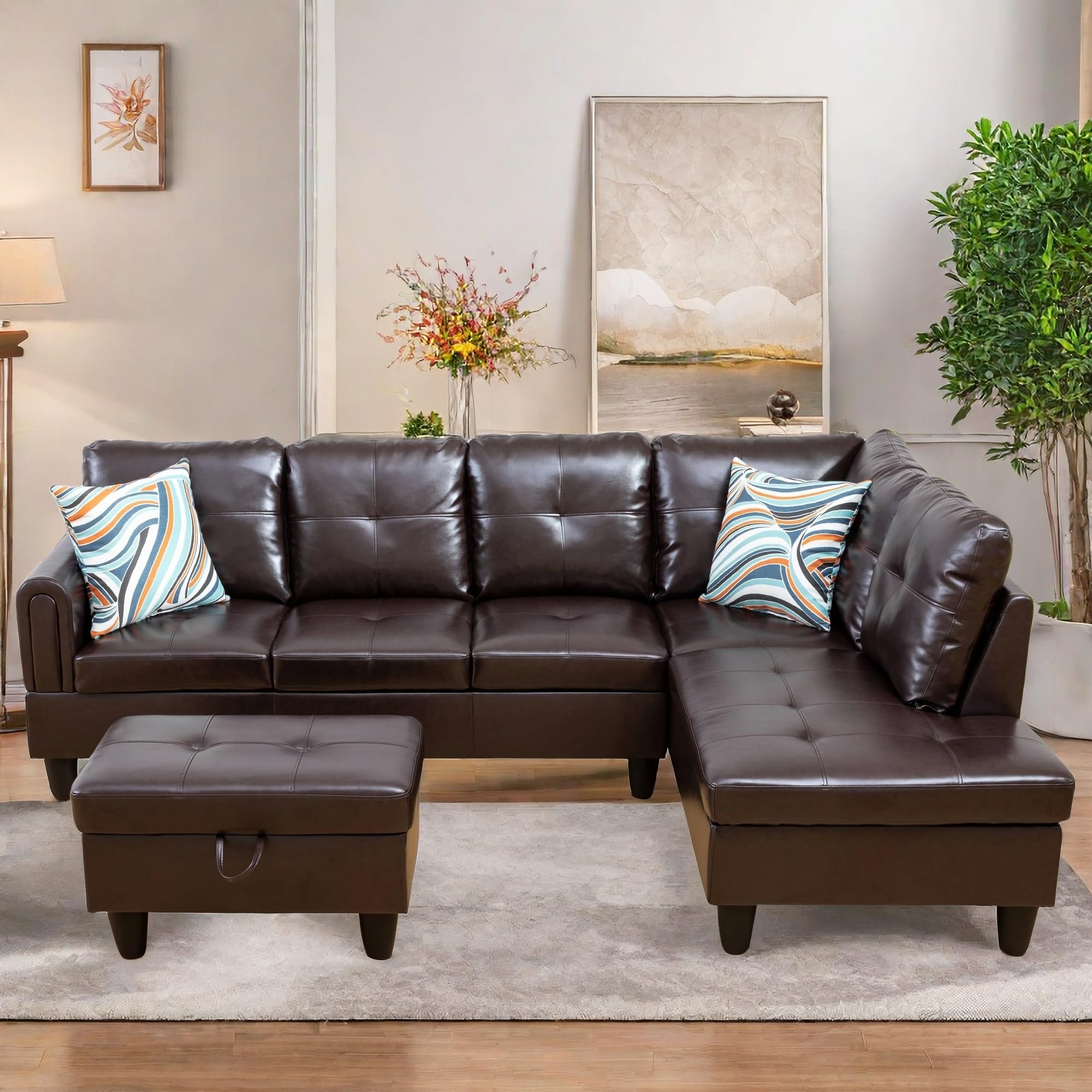 Leather Sectional Couch, Modern L Shaped Couches for Living Room, Comfy 4 Seat Modular Sectional Sofa with Ottoman Storage for Bedroom Apartment, Black