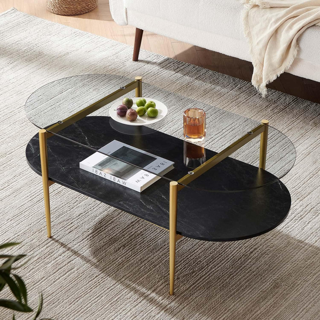 Round Coffee Table, Mid-Century Modern Design, D30 x H17, for Living Room, 2-Tier Structure, Amber Glass Top and Walnut MDF Shelf, Sleek Conical Metal Legs with Gold Finish