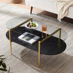 Round Coffee Table, Mid-Century Modern Design, D30 x H17, for Living Room, 2-Tier Structure, Amber Glass Top and Walnut MDF Shelf, Sleek Conical Metal Legs with Gold Finish