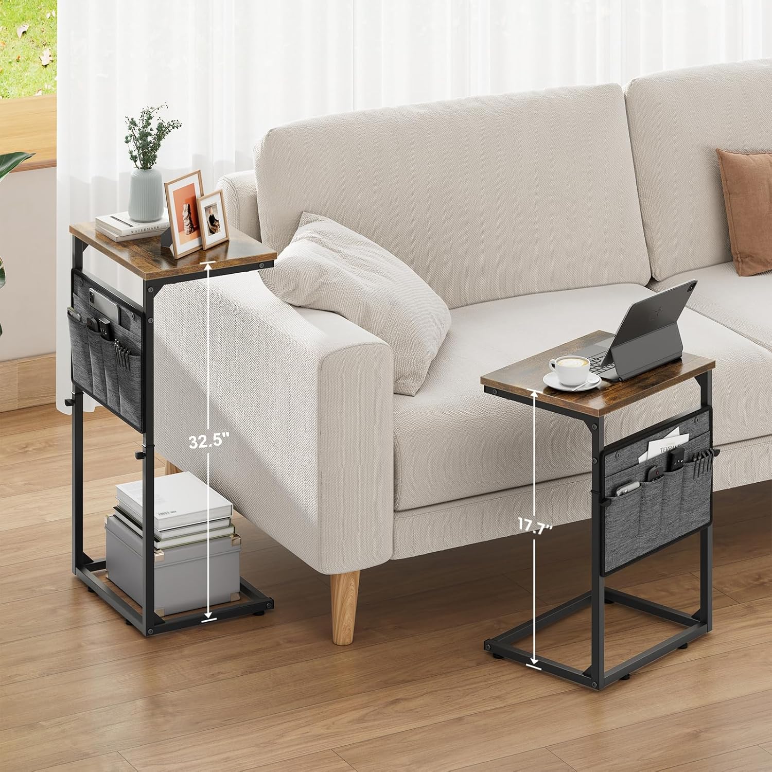 Vagusicc C Shaped End Table, 33'' Tall Side Table for Couch, Adjustable Height Small Couch Side Table for Small Spaces, End Table Slide Under Sofa Table TV Tray Table Arm Table for Living Room, Brown