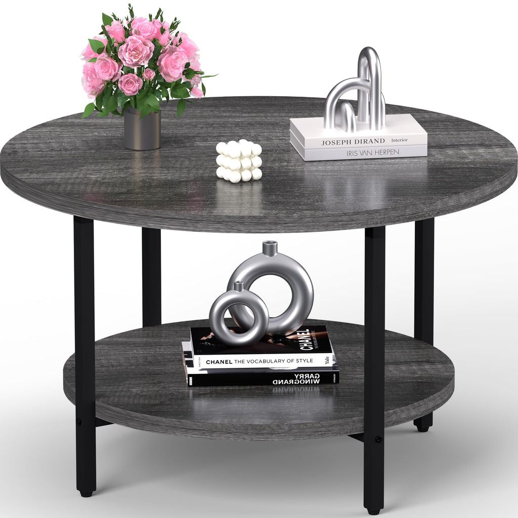 Round Coffee Table, Small Coffee Tables for Living Room, Wood Coffee Table with Metal Frame, Floor Table Desk for Sitting on The Floor, Home, Office, Farmhouse, Rustic Brown (23.6"D x 17.7"H)