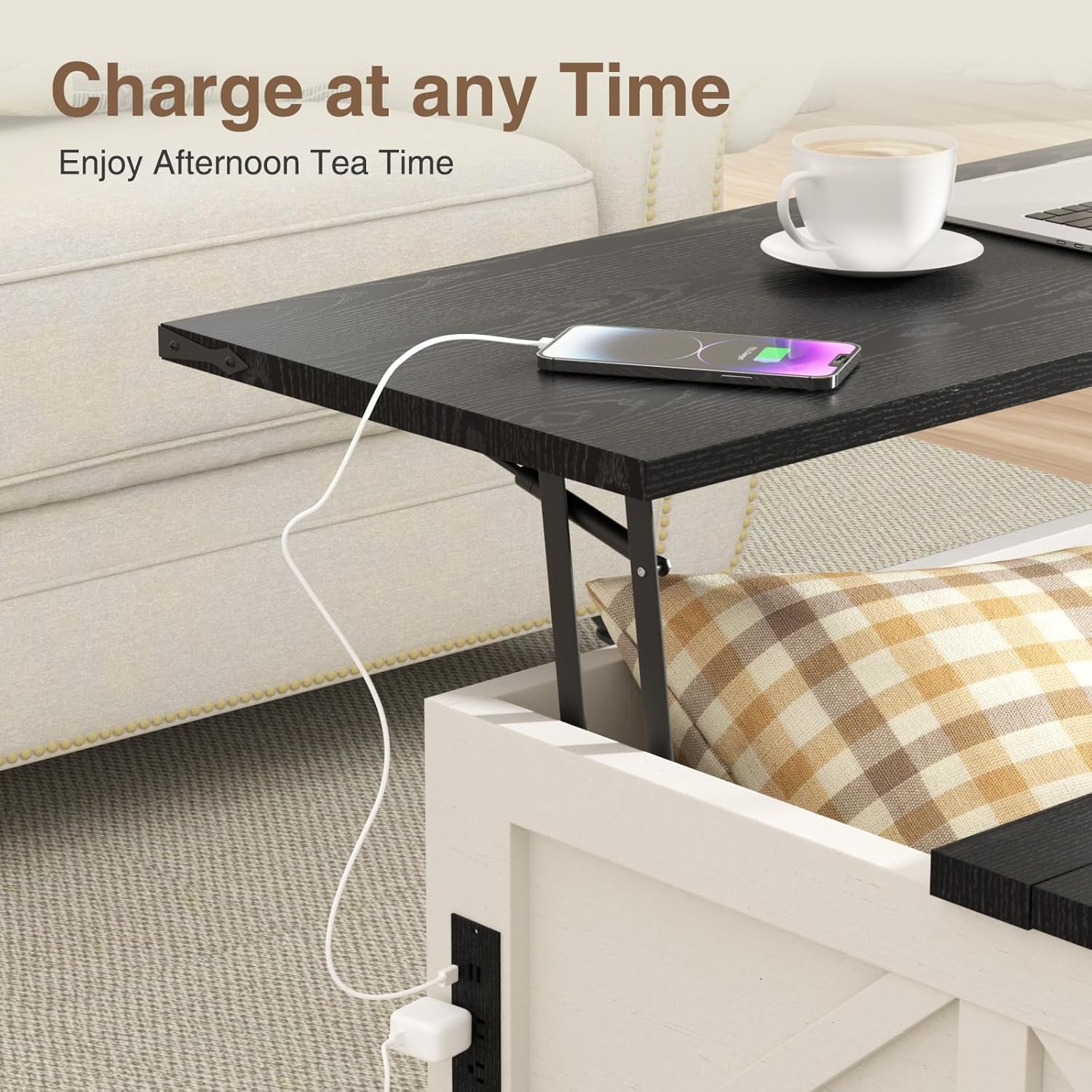 Coffee Table with Storage, 31.5" W Farmhouse Lift Top Wood Square Center Table with Charging Station, Rustic Cocktail Tables with Flip Top Lids for Living Room, Home Office, Rustic White