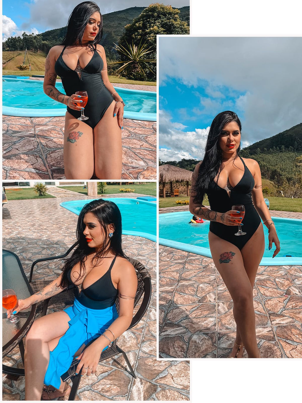 SHAPERIN Women One Piece Swimsuit Tummy Control Bathing Suits Sexy Deep V Neck Spaghetti Strap Push Up Swimwear Monokini Black S