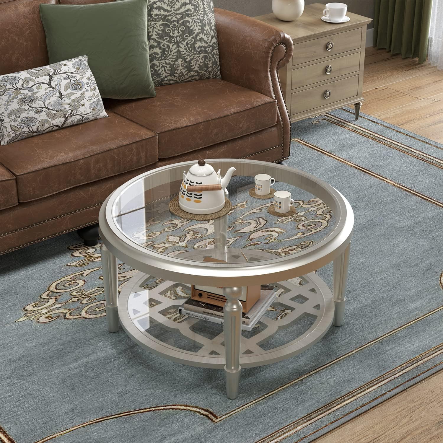 COSIEST Glass Coffee Table, 32" Round Coffee Tables with Storage, 2-Tier Glass Top, Clear Coffee Table, Simple & Modern Center Table for Living Room or Home Office (Champagne)