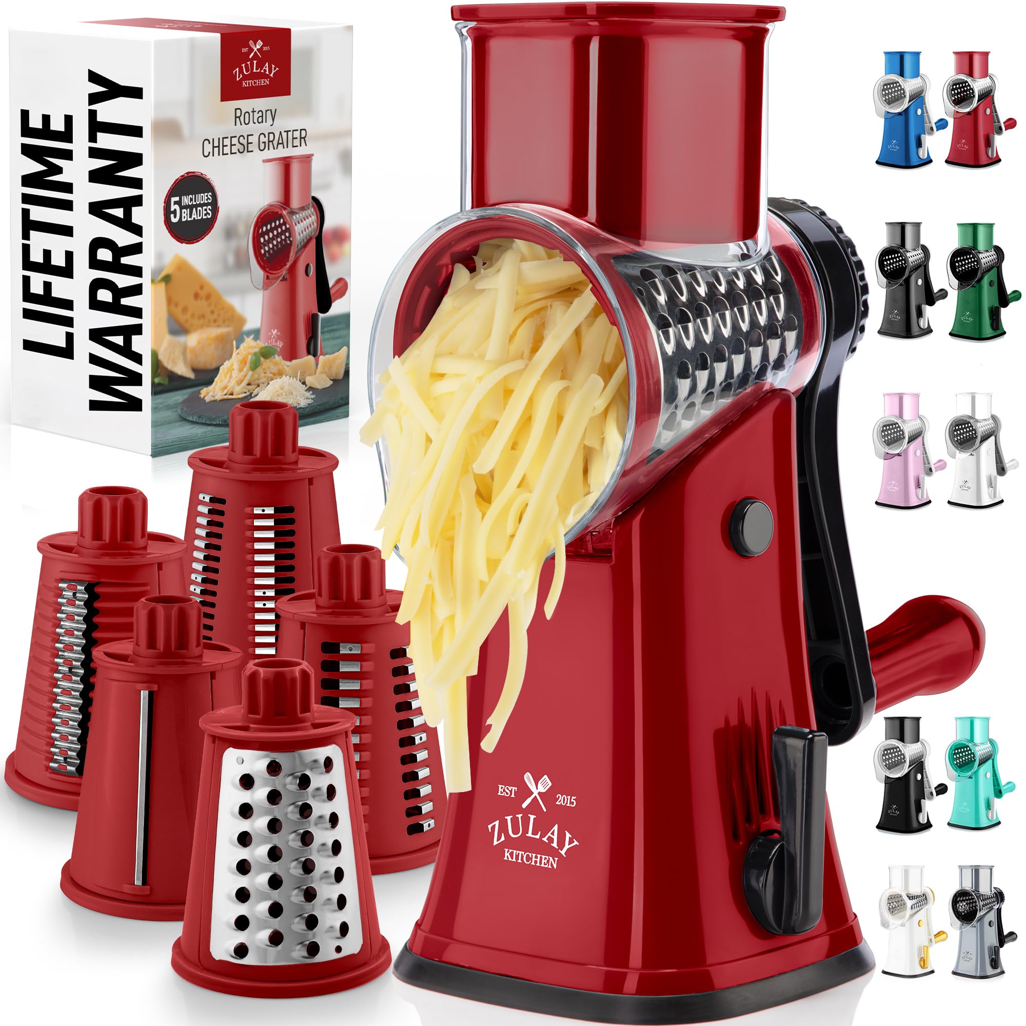 Zulay Rotary Cheese Grater 3 Blade Cheese Shredder - Manual Hand Crank Cheese Grater With Reinforced Suction & 3 Interchangeable Drums - Easy to Use Vegetable Chopper - Black