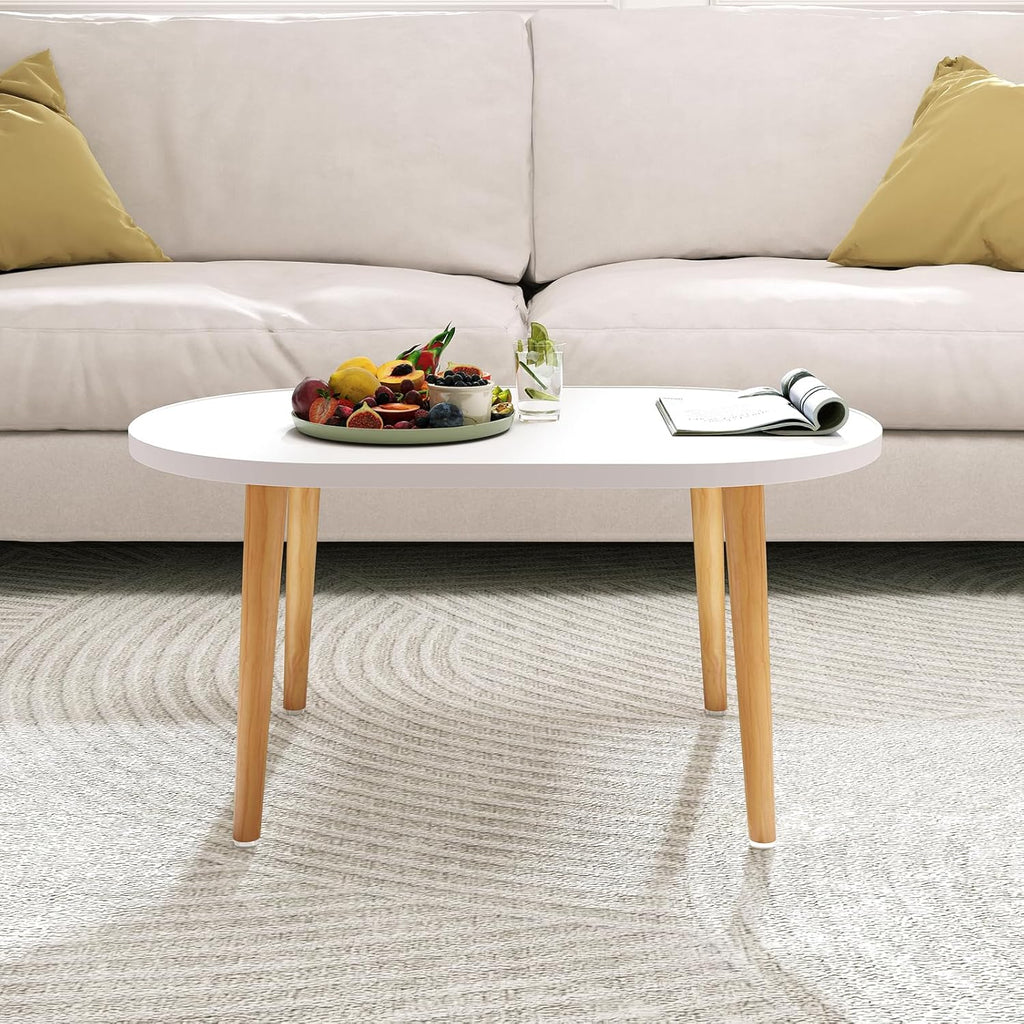 Oval Coffee Table Low Table with 4 Solid Wood Sturdy Legs, Floor Table Desk for Sitting on The Floor, Storage and Living Room Furniture (White)