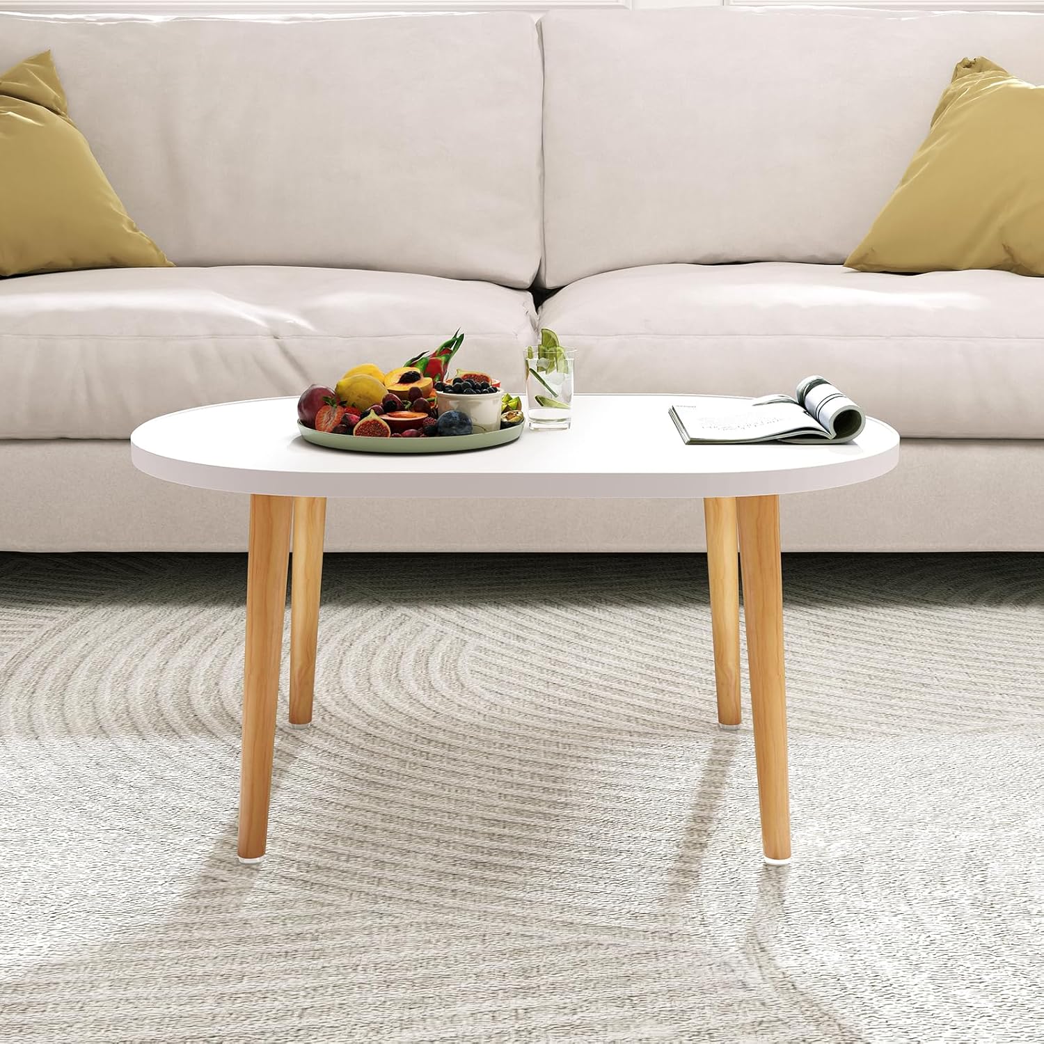 Oval Coffee Table Low Table with 4 Solid Wood Sturdy Legs, Floor Table Desk for Sitting on The Floor, Storage and Living Room Furniture (White)