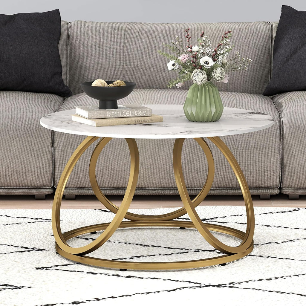 OIOG Round Coffee Table for Living Room, Modern Coffee Table with Marbling Natural Stone, Gold & White