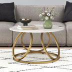 OIOG Round Coffee Table for Living Room, Modern Coffee Table with Marbling Natural Stone, Gold & White