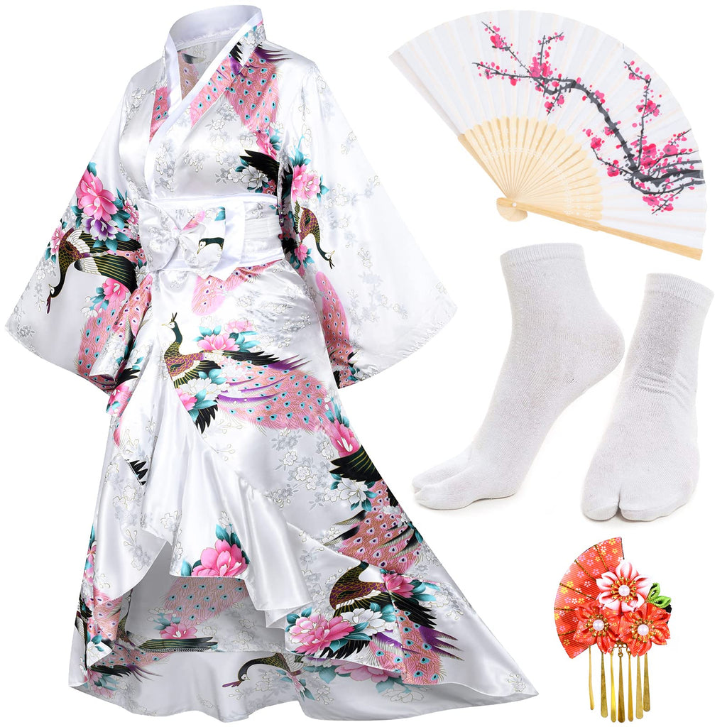Women's Kimono Robe Geisha Yukata Sweet Tuxedo Ruffle Dress Blossom Satin Bathrobe Sleepwear Fans Tabi Socks Set