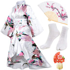 Women's Kimono Robe Geisha Yukata Sweet Tuxedo Ruffle Dress Blossom Satin Bathrobe Sleepwear Fans Tabi Socks Set