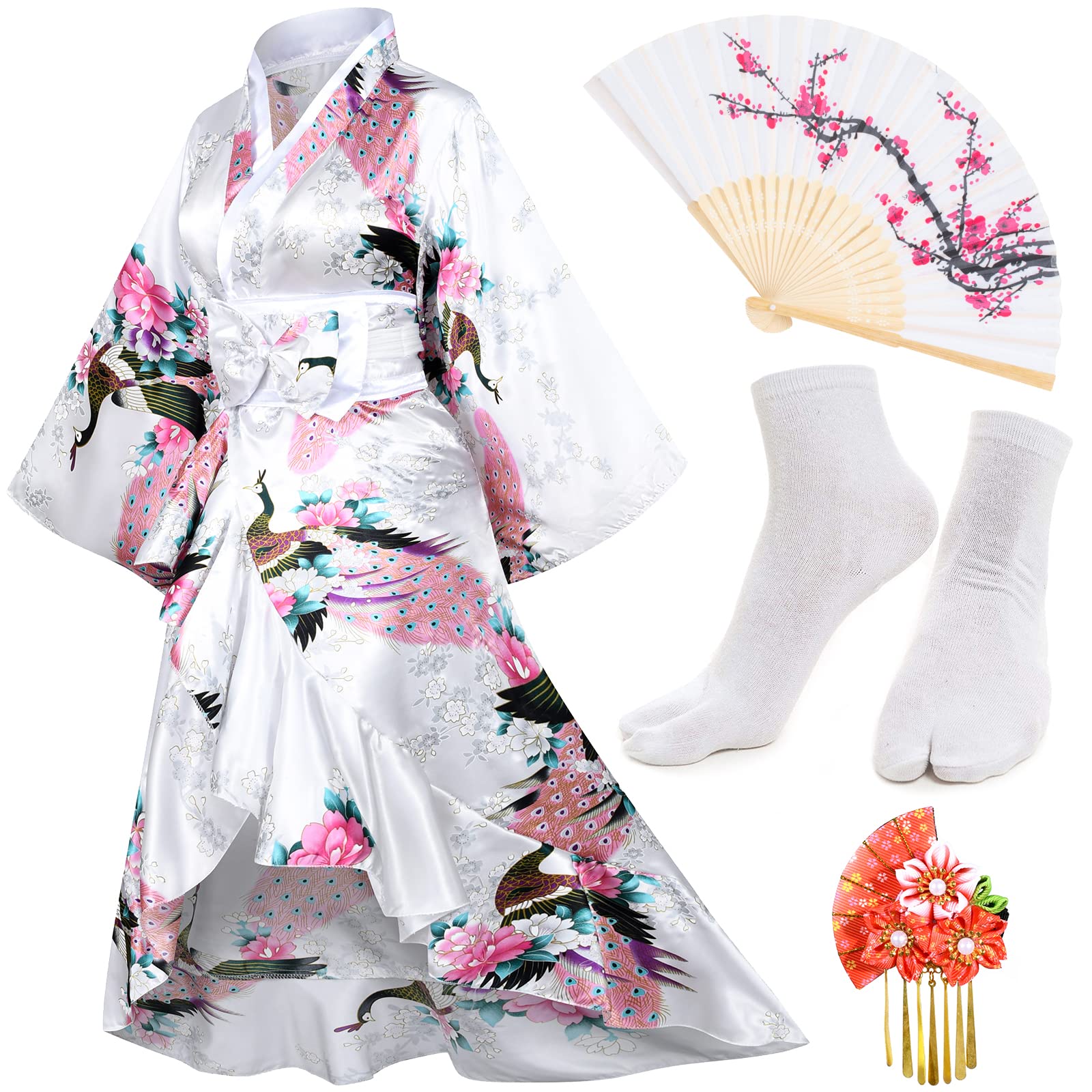 Women's Kimono Robe Geisha Yukata Sweet Tuxedo Ruffle Dress Blossom Satin Bathrobe Sleepwear Fans Tabi Socks Set
