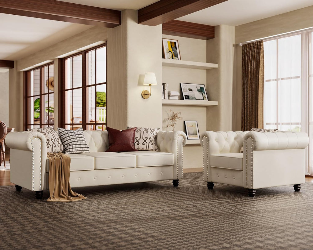Morden Fort Classic Chesterfield Sofa Set 82'', Tufted Sofa Couch Set with Solid Wood Legs Thick Cushion, Pet-Friendly 3-Seater Sofas Couches for Living Room Bedroom Apartment - Velvet Beige