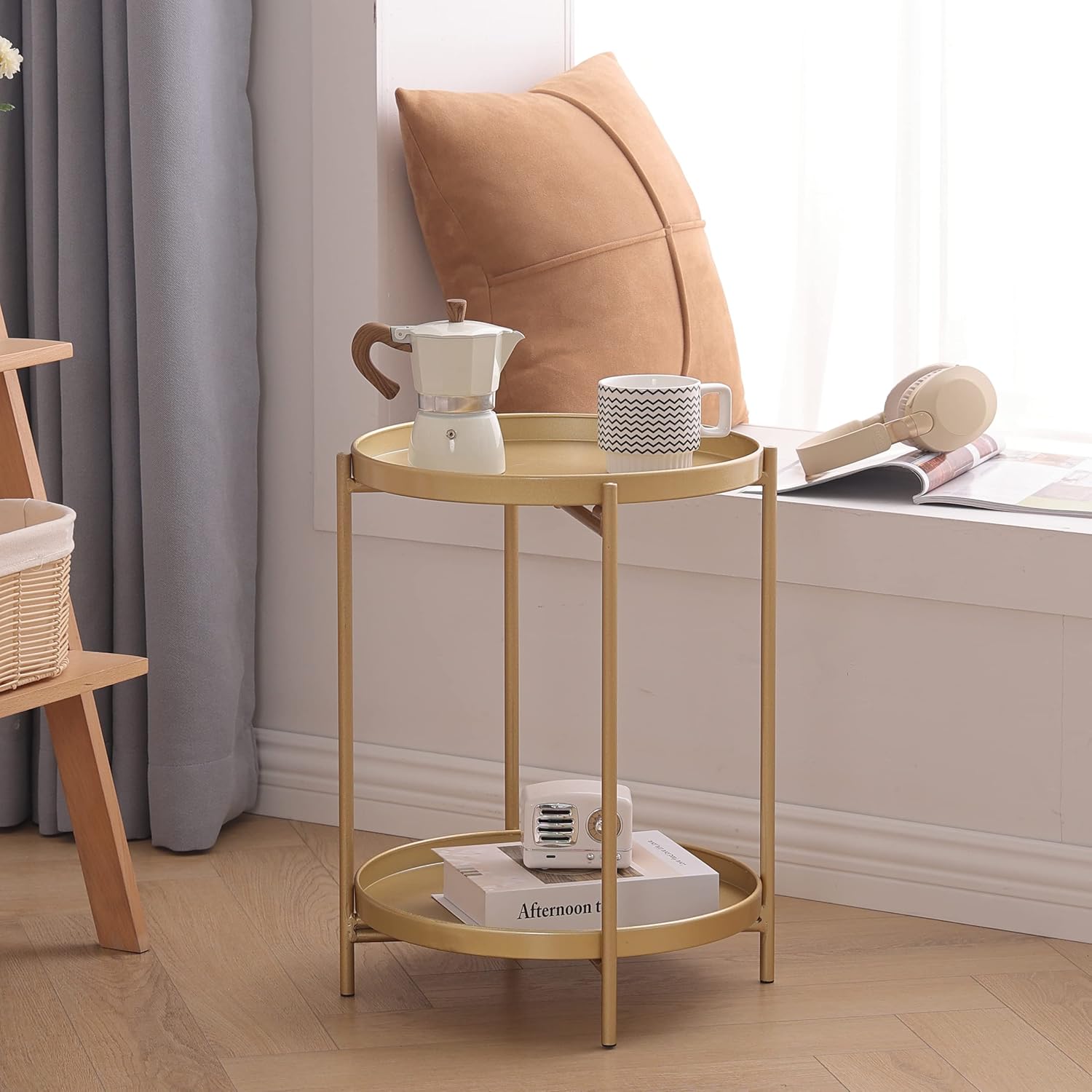 Tiita 2 Pack Round End Table Mental Side Table Nightstand/Small Wood Tables Accent Coffee Table with Wooden Tray for Living Room Bedroom Office Small Space