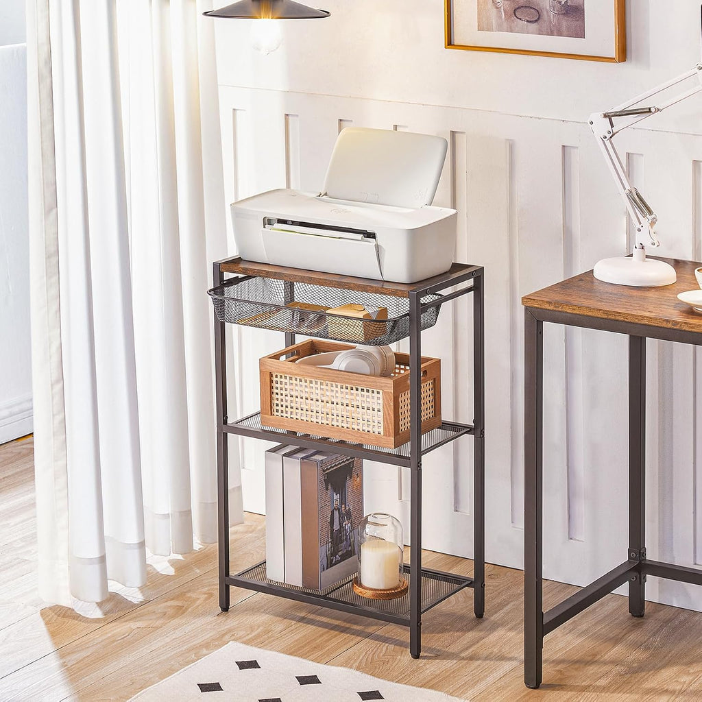 HOOBRO 28.7 Inch Tall Side Table, 3-Tier Industrial Telephone End Table with Adjustable Metal Mesh Basket, Desk Side Table with Storage Shelves, for Living Room, Bedroom, Rustic Brown BF06DH01