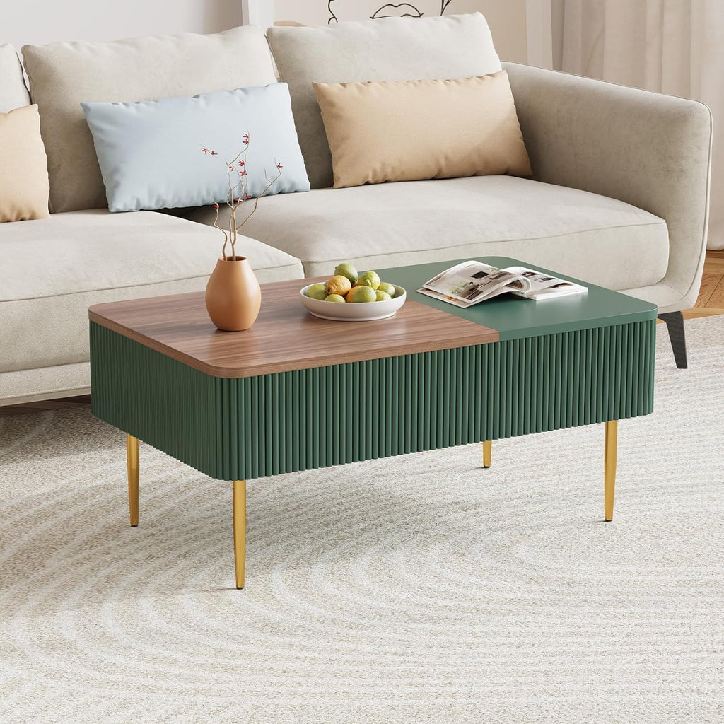 HLR 39" Lift Top Coffee Table with Hidden Storage Compartment, Modern Rising Wood Dining Center Table with Drawer for Small Space, Living Room, Office, Green