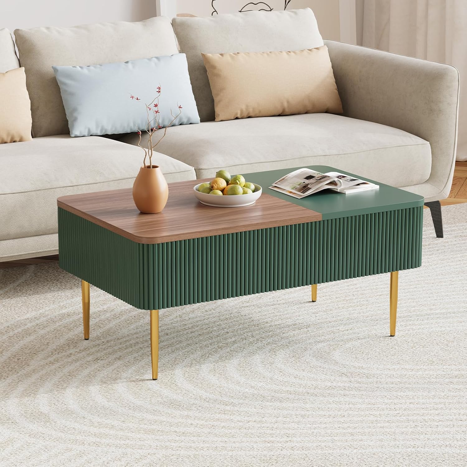 HLR 39" Lift Top Coffee Table with Hidden Storage Compartment, Modern Rising Wood Dining Center Table with Drawer for Small Space, Living Room, Office, Green