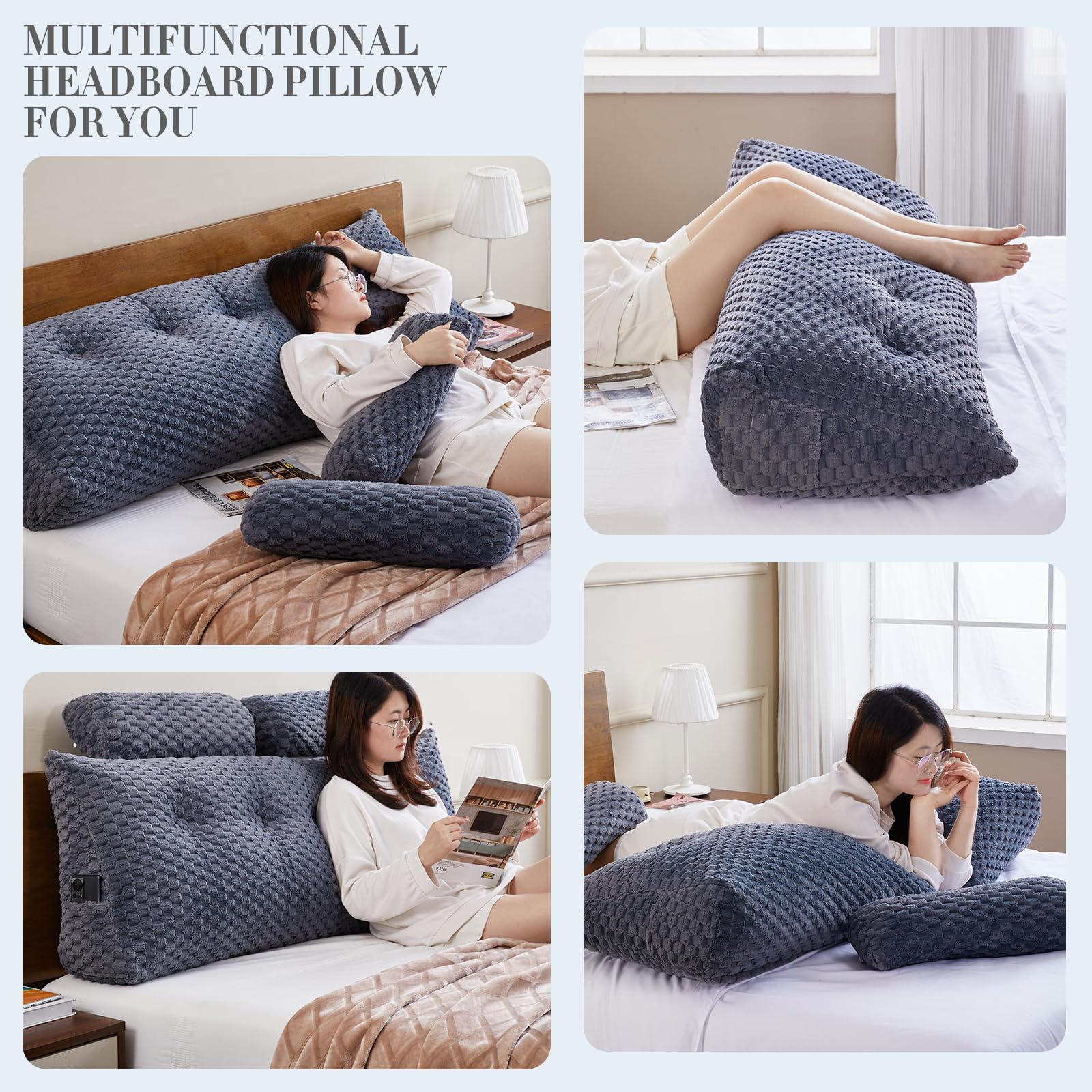 EUHAMS Wedge Headboard Pillow - Bed Wedge Pillow for Headboard Triangular Headboard Pillow with Neck Roll Pillow-Large Bolster for Sitting in Bed Backrest Positioning Support (Grey,59x8x20 Inches) - Grand Goldman