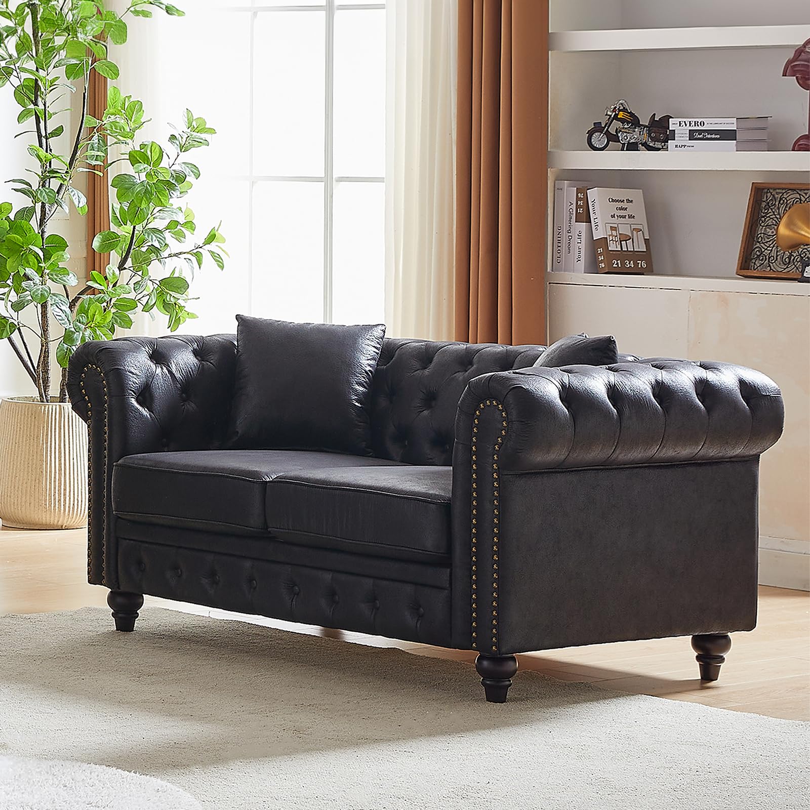 Mid Century Modern Couch,85.5" High-tech Fabric Button Tufted Oversized Loveseat Sofa w/ Nailhead Trim&Roll Armrest,Upholstered Comfy Deep Seat Chesterfield Sofa for Living Room,Office(3 Seater,Brown)