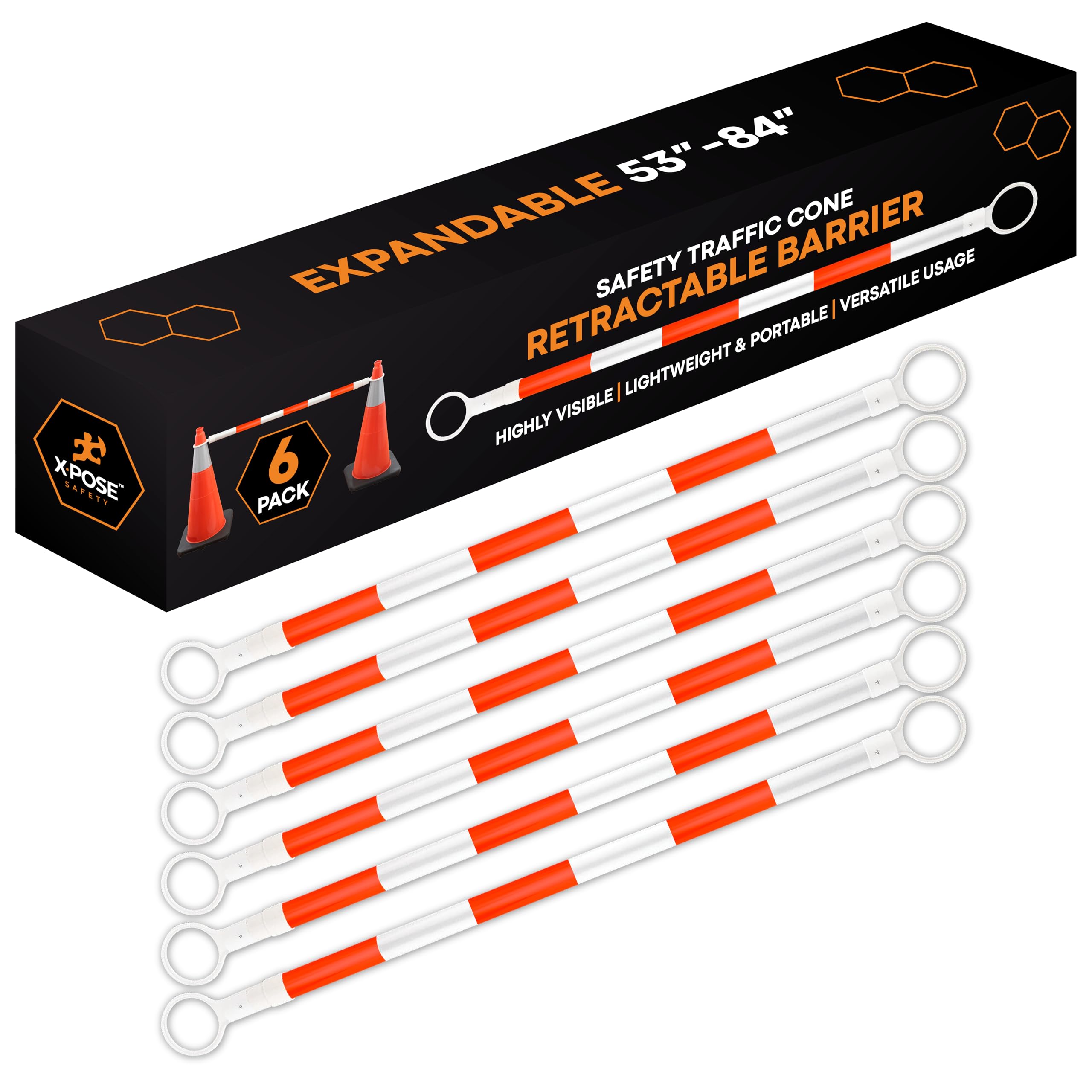 Retractable Barrier for Safety Traffic Cones - 2" OD - Large Yellow and Black Bar Barricade - for Road Construction, Parking, Warning, Temporary Security Divider (40, Orange & White, 72" x 120")