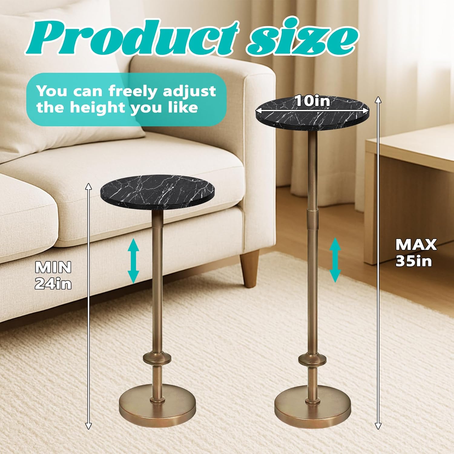 Martini Table Height Adjustable, Drink Tables for Small Spaces, Round Side Table, Tiny Side Tables for Living Room, Bedroom, Cocktail, Black (Black)