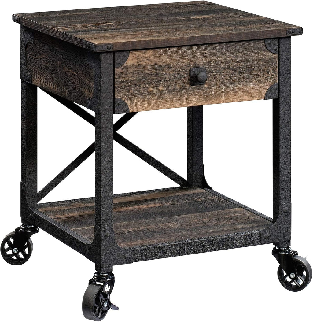 Sauder Steel River Side Table, L: 22.44" x W: 21.65" x H: 23.11", Carbon Oak Finish