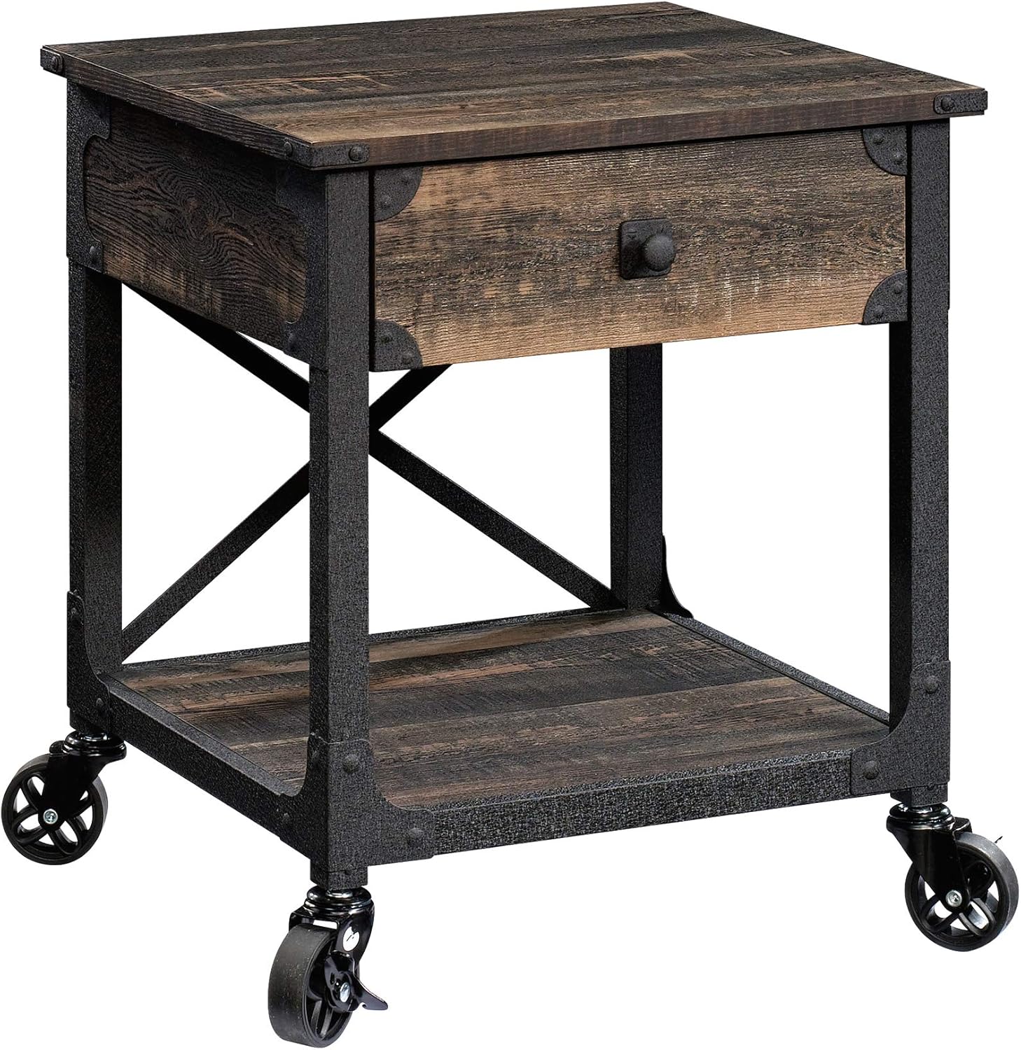 Sauder Steel River Side Table, L: 22.44" x W: 21.65" x H: 23.11", Carbon Oak Finish