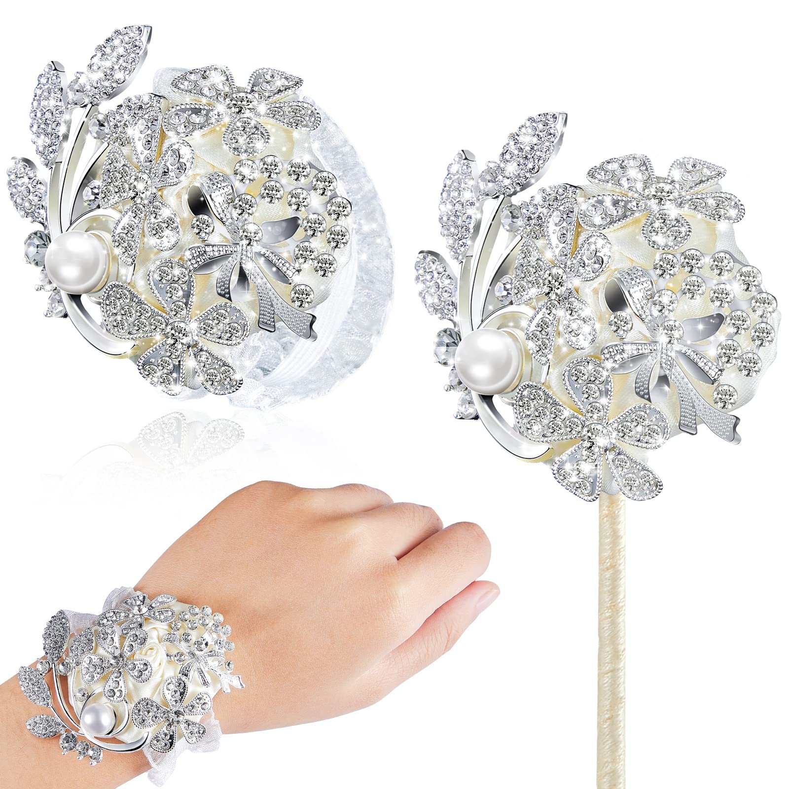 Yunsailing 2 stk kunstige corsager håndledsblomst rhinsten håndledscorsage kunstig silke corsage bryllupshåndledscorsage til bryllup boutonnierre håndledsblomster fest brudeshower (sølv elfenben)