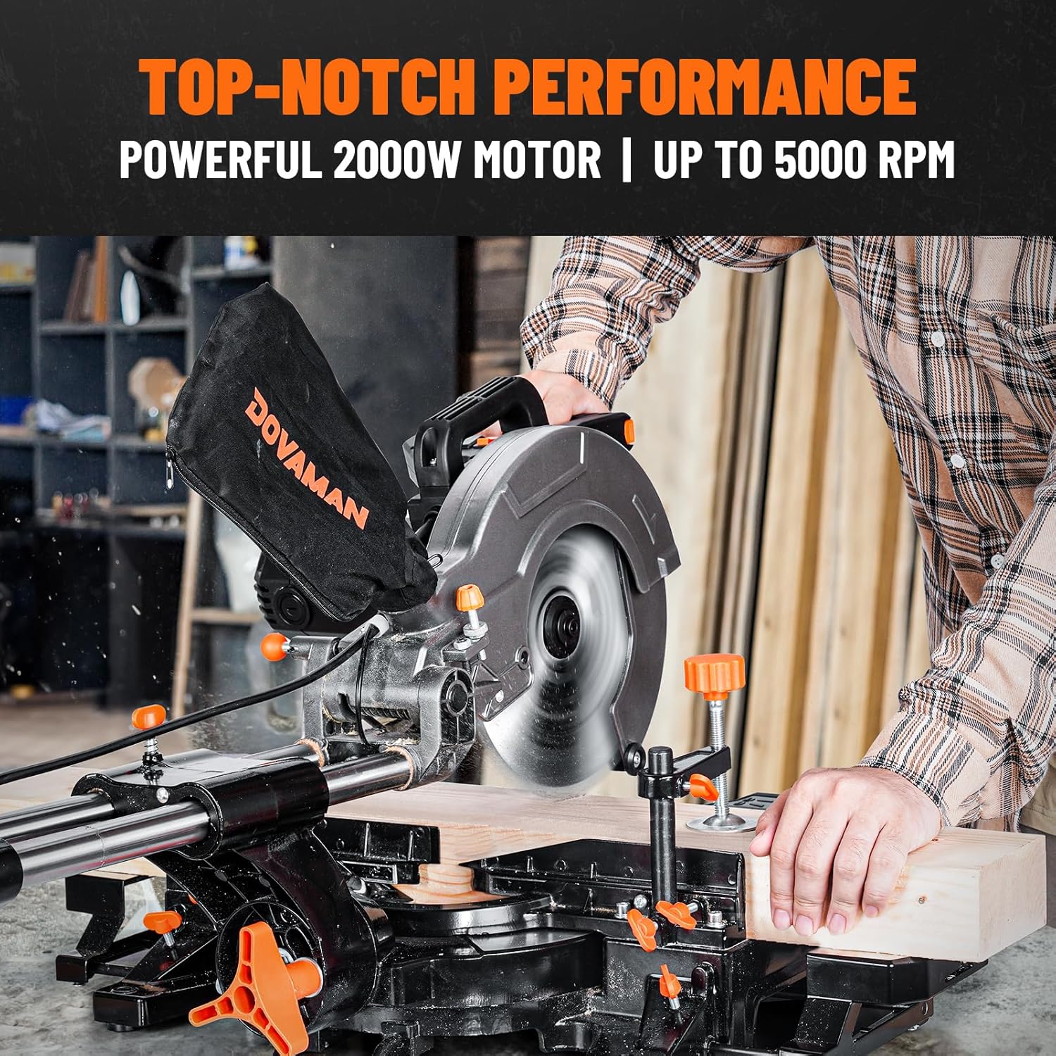 DOVAMAN Updated 10-Inch Sliding Miter Saw, Multi-Material Cutting w/ 3 x TCT Blades, Ambidextrous Operation, 5000/3200RPM Speed, Laser Guide, 0-45° Bevel Cut, Max Cut 3.5x13.4in, 9 Positive Stops