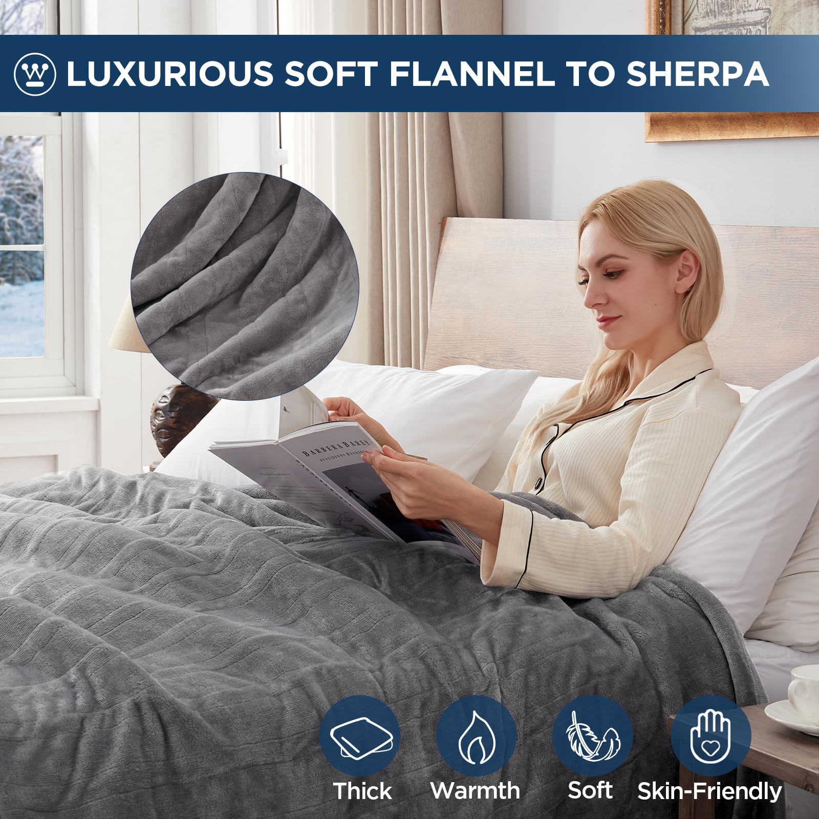 Manta eléctrica Westinghouse tamaño Queen, franela súper suave y acogedora 84" x 90" manta calefactable con 10 niveles de calentamiento rápido y apagado automático de 1-12 horas, lavable a máquina, certificación ETL y FCC, beige