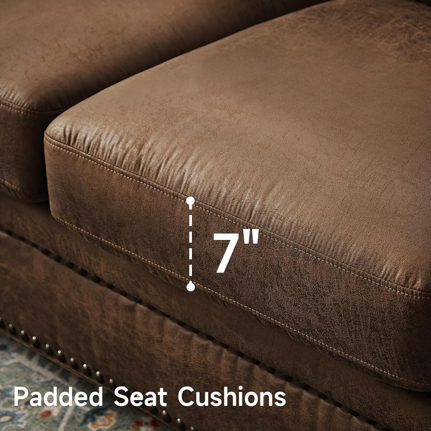 Faux Leather Sofa, 84" Rolled Arms Couch with Nailhead Trim, 3 Seater Deep Seat Sofa with Spring Cushion, Solid Wooden Bun Legs, Mid-Century Vintage Couch for Living Room, Farmhouse, Brown