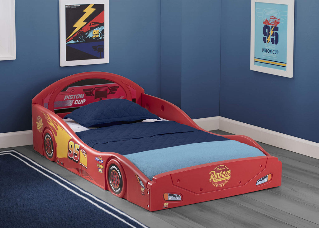 Delta Children Disney Pixar Cars Lightning McQueen Race Car Sleep and Play Toddler Bed with Attached Guardrails