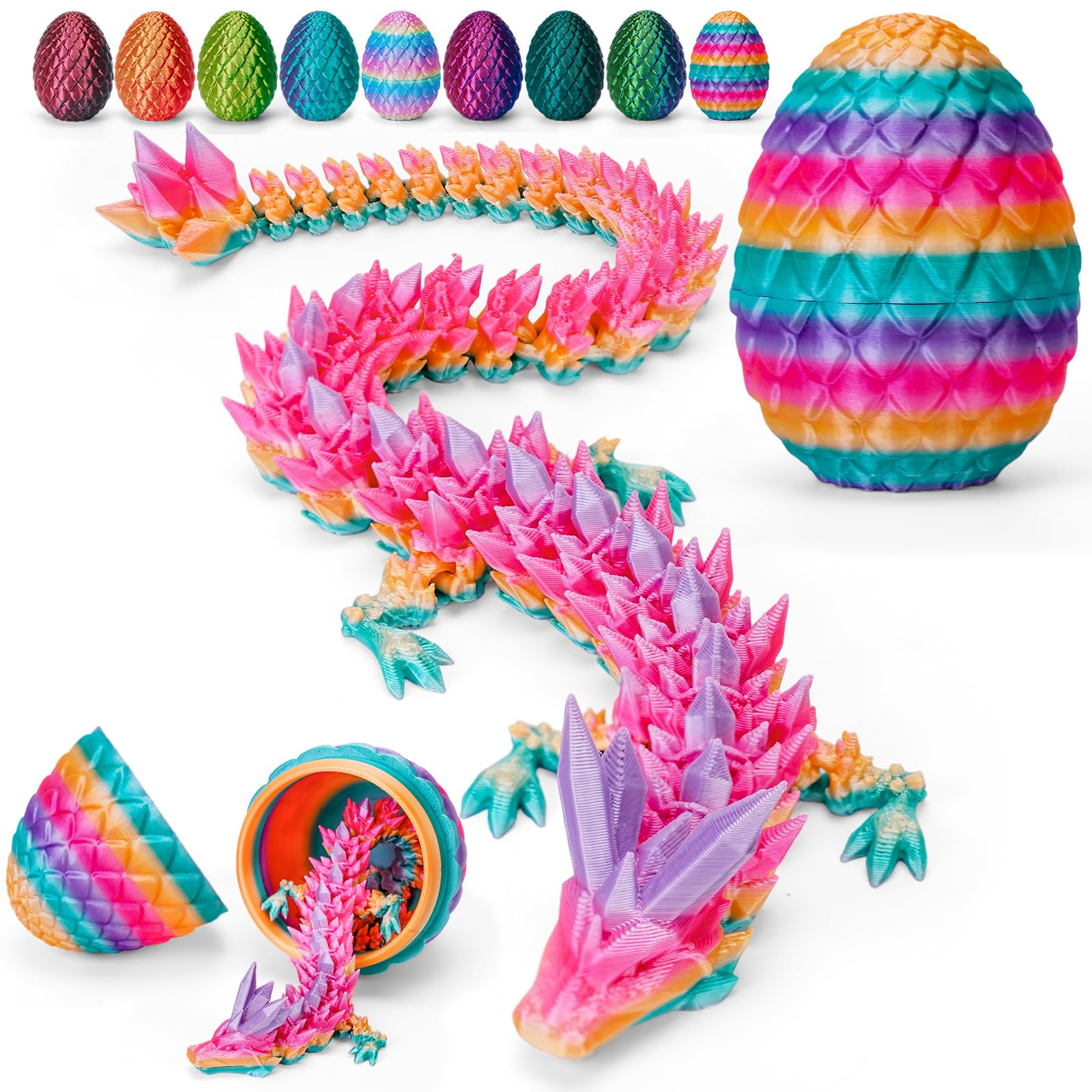TBOLINE 3D Printed Easter Dragon Egg - Perfect Basket Essentials Stuffers, 4 Pack Prefilled Easter Eggs Filled with Toys, Small Articulated Crystal Animals Fidget Toy for Kid (4PCS1)