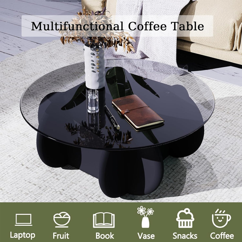 Glass Top Coffee Table Modern Elegant Round Coffee Tables with Solid Wood Legs and Tempered Glass Tabletop for Living Room Home Small Space Reception Office Tables 31.5"
