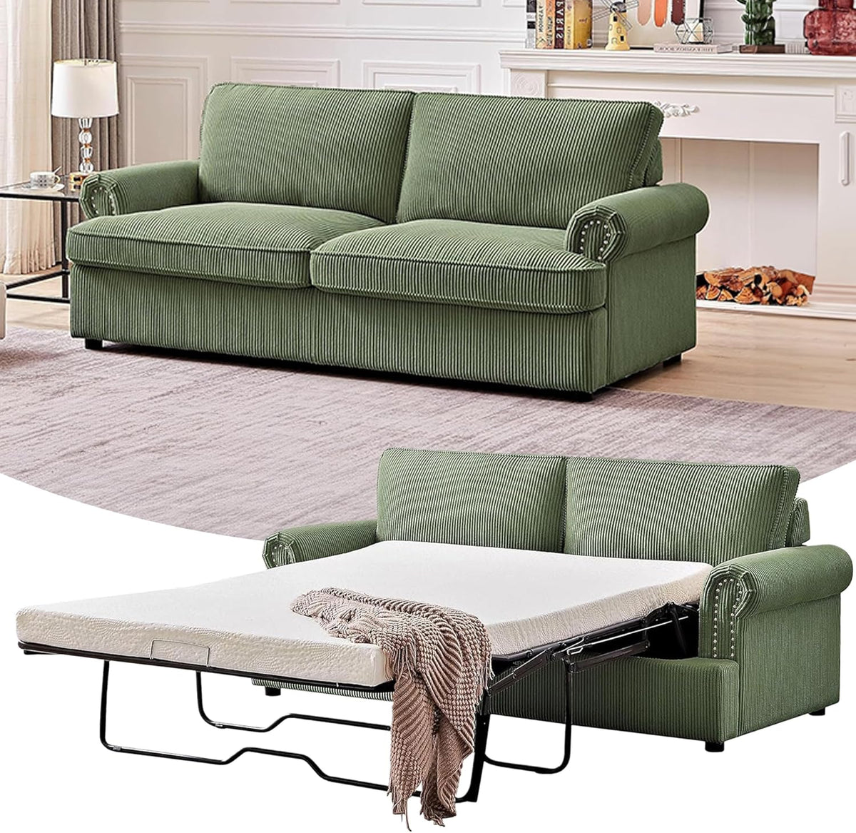 Reversible Sleeper Sofa Bed with Comfortable Memory Foam Mattress, Convertible Corduroy Full Size Pull Out Couch for Living Room, Space Saving Furniture, 70" Wide, Rounded Arms, Dark Green