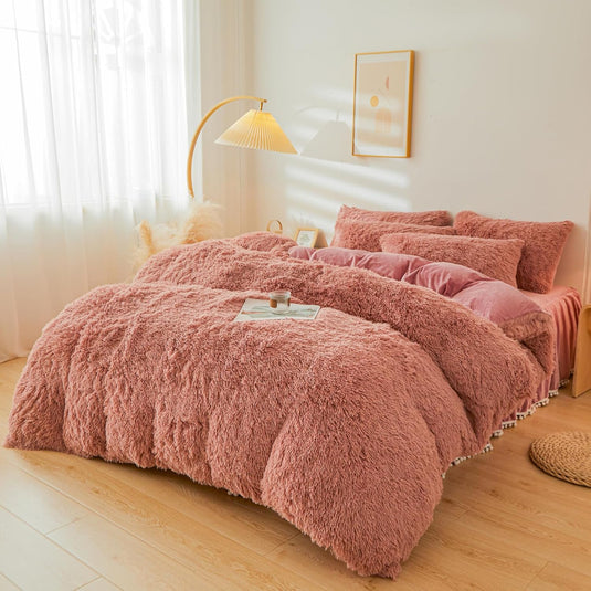 Fluffy Pink Faux Fur Comforter Cover Set，Fluffy Fuzzy Plush Pink Bedding 3Pcs (1 Faux Fur Duvet Cover +2 Fuzzy Pillowcases) Pink Fluffy Bed Set (Pink, Queen)