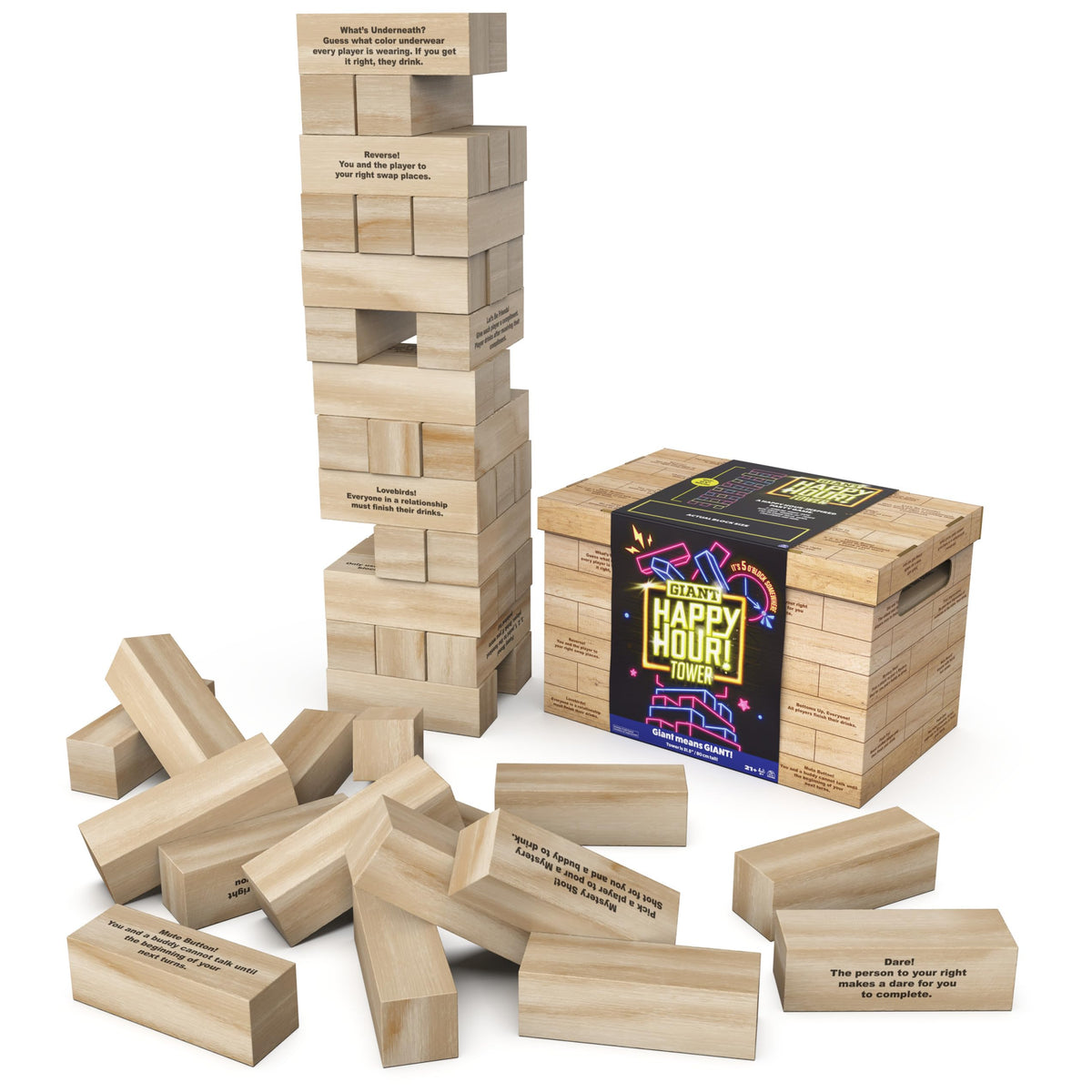 スピンマスターゲームズ、ハッピーアワータワー、巨大ジャンブリング木製ブロック、大学ゲーム、バチェロレッテパーティー、ハウスパーティー、18歳以上向け