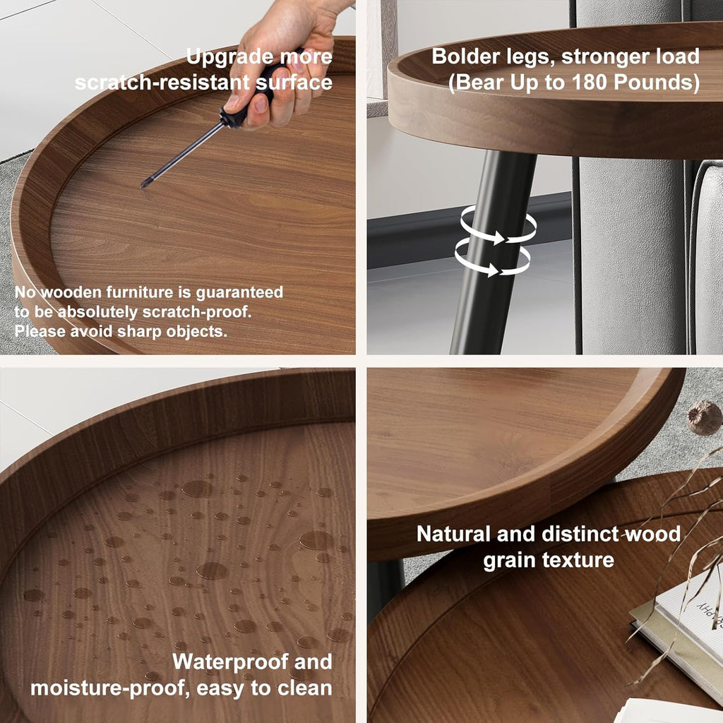 Small Round Coffee Table Set of 2, Walnut Coffee Tables for Living Room, Mid Century Modern Nesting Coffee Table, Wood Circle Center Tables, Black Wooden Side End Table, mesa de Centro para sala