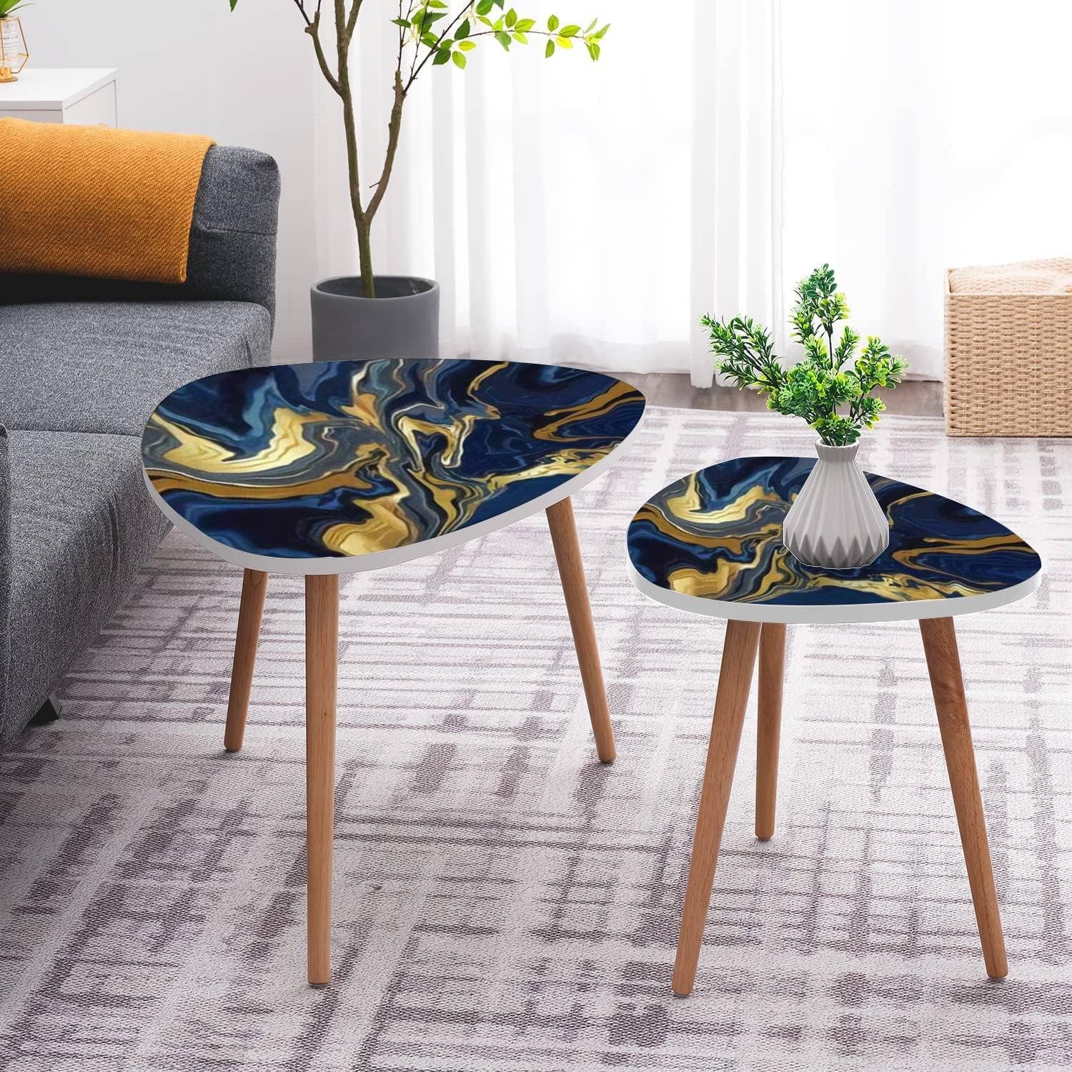 Small Coffee Nesting Table Luxury Blue Marble Gold Abstract Texture Indigo Ocean Blue marbling Modern Minimalist Side Table Triangle End Tea Table Center Table Set of 2Living Room Bedroom
