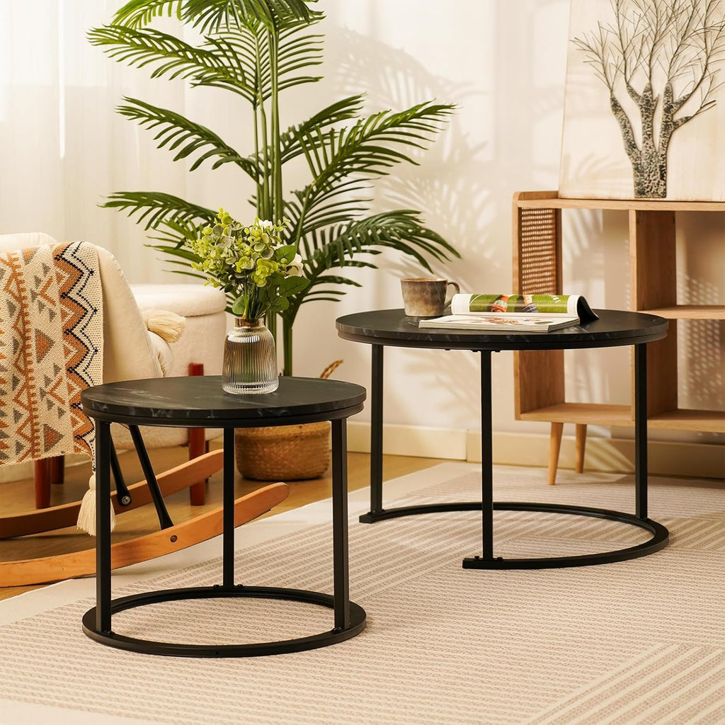 EUROSAKURA Nesting Round Small Coffee Table Place 2 Sets for Living Room Bedroom Apartment Small Rounder Coffee Table Sturdy Stacking Side Tables,Easy Assembly(Black)
