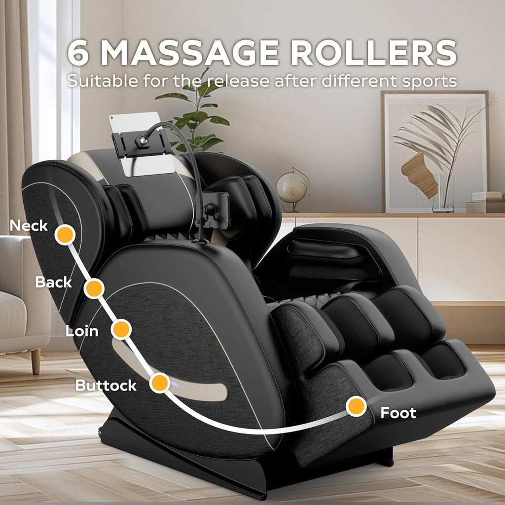 Massage Chair Full Body, Zero Gravity Massage Chair with Auto Modes, Airbag Massage, 6 Fix Point Rollers, Foot Massage, Heating, Touch Screen Controller, Home Relaxation Recliner with Massage, Black
