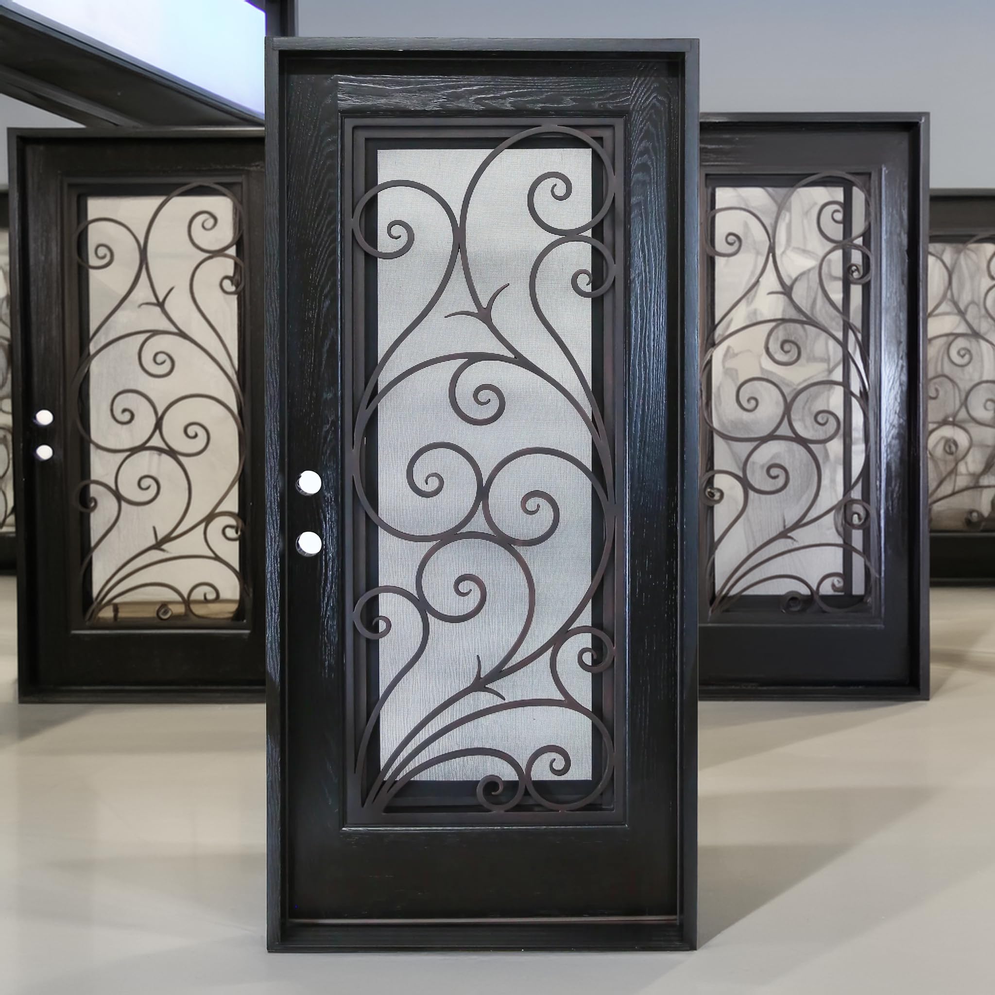 Porte d'entrée extérieure composite en polyuréthane résistante aux dommages environnementaux 36" x 80", fenêtre en verre trempé ouvrable, battant unique à droite s'ouvrant vers l'intérieur, espresso FR08