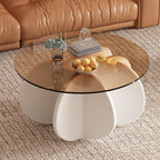 Glass Coffee Table, Mid Century Modern Design, 31.5'' Modern Round Tempered Glass Coffee Tables for Living Room, Cocktail Table for Small Space Home Office. (White + Brown)
