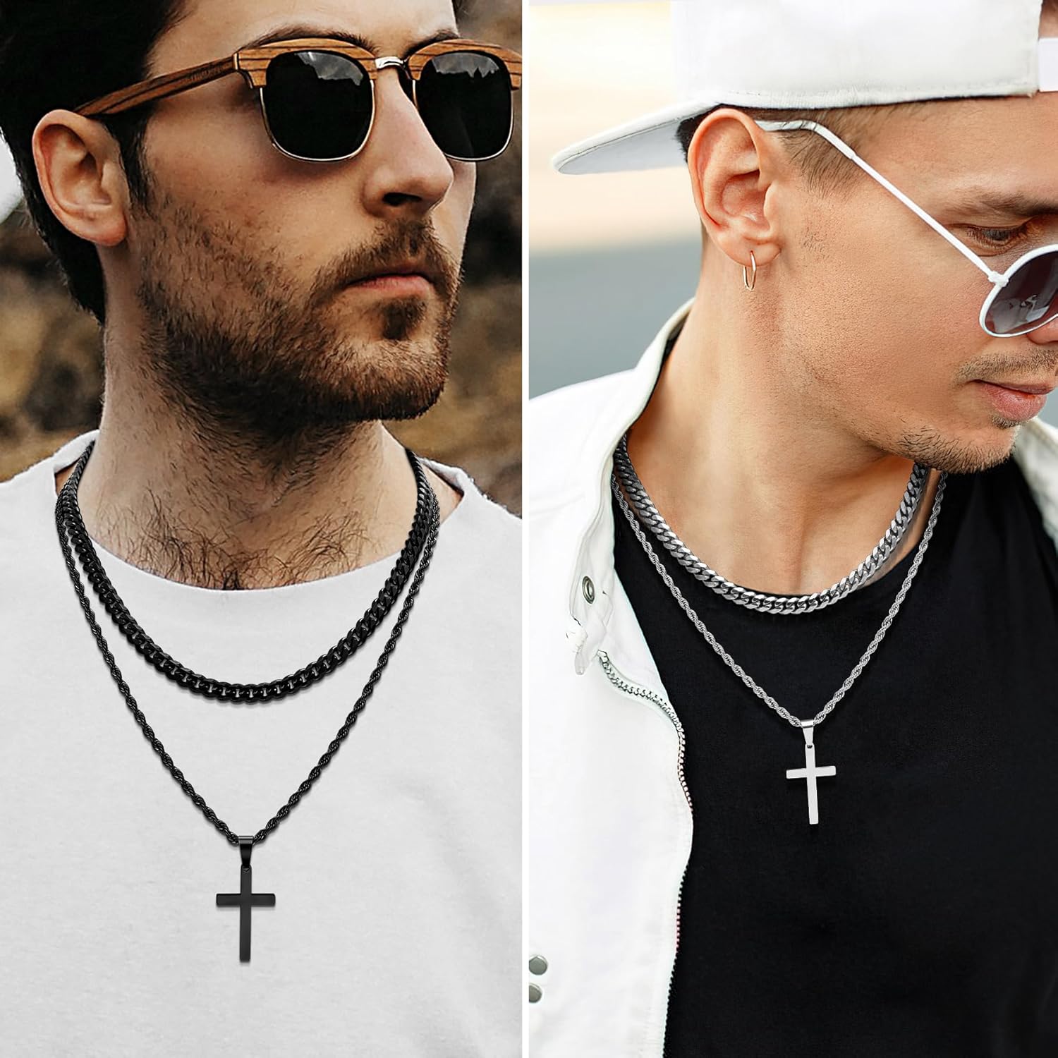 Romass 4Pcs Cross Necklace for Men,Silver Black Layered Necklace for Men Stainless Steel Cross Chain Pendant Jewelry Box Gifts 18-24 Inches