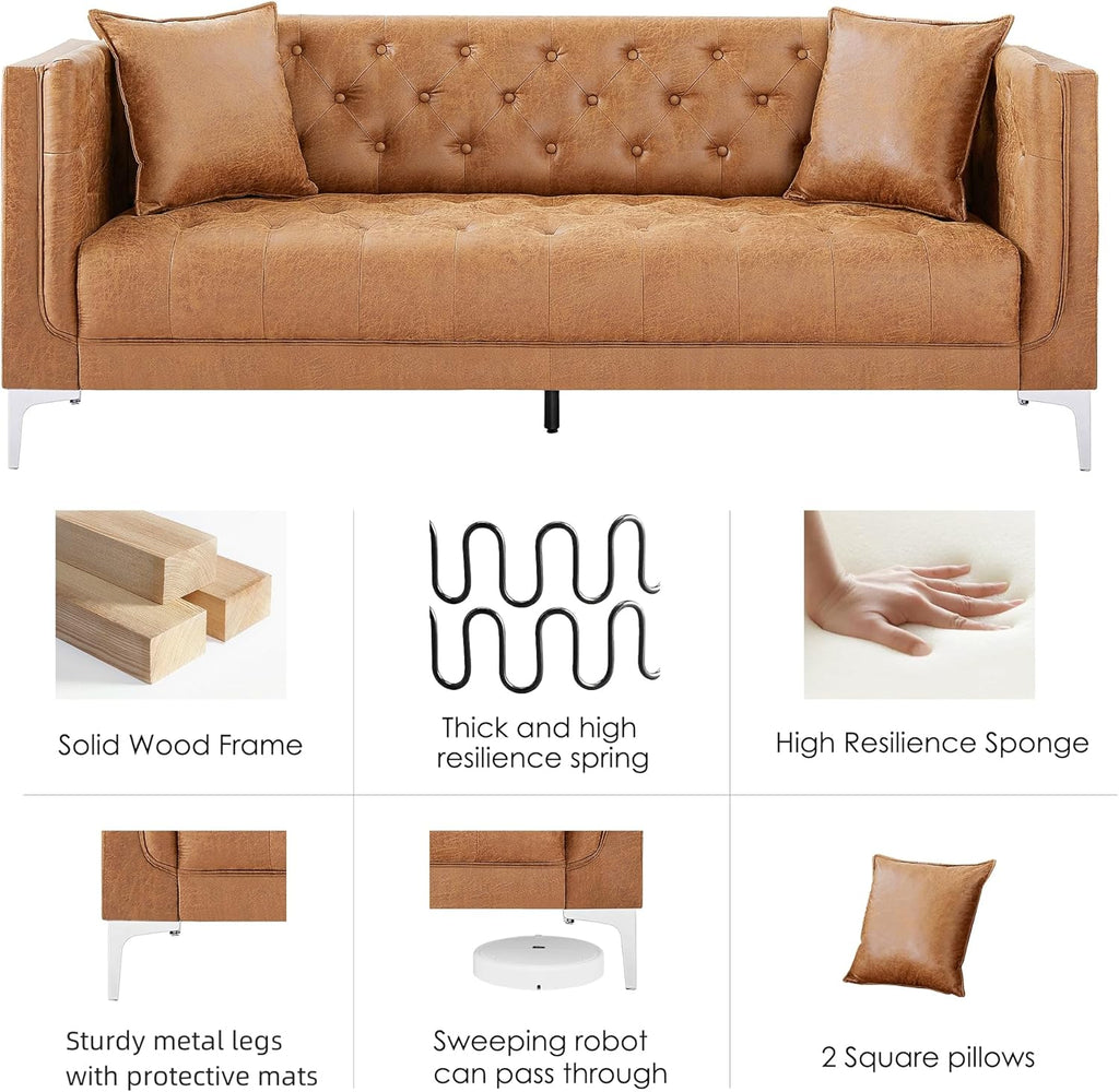 HIFIT 79'' Modern Sofa Couches for Living Room, 3 Seater Sofa with Deep Seats and 2 Pillows, Handmade Button Tufted Leather Couch for Apartment | Office 79''W x 30''D x 30''H, Brown
