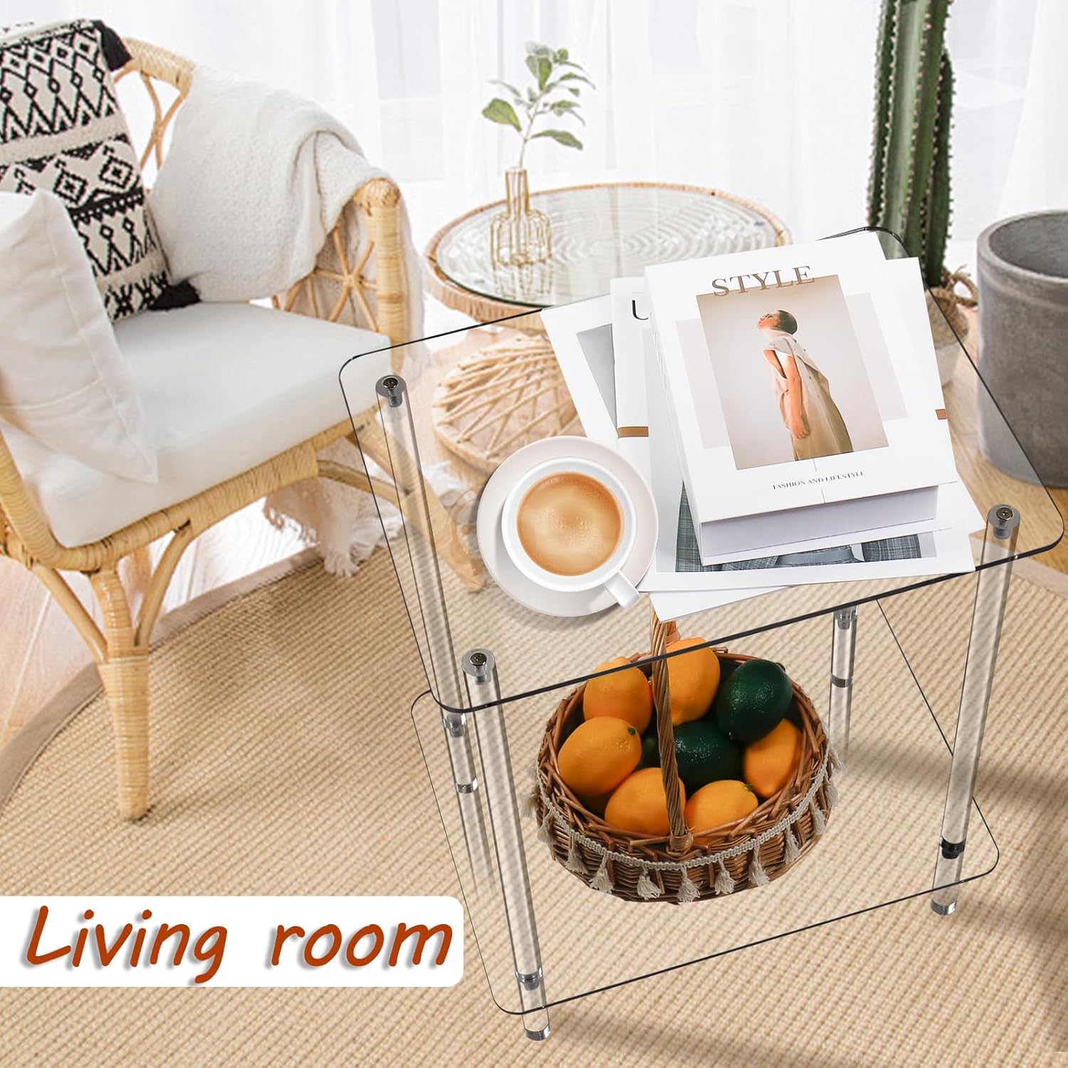 2-Tier Acrylic Small Side Table End Table Bedside Table Square Nightstand for Coffee Tea Drinking Living Room Saving Space Bedroom Bathroom Furniture 15.7'' L x 11.8'' W x 20'' H