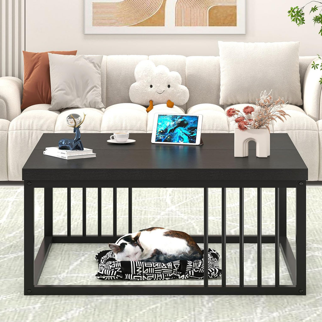 FOLUBAN Black Coffee Table, Modern Square Center Table for Living Room, Industrial Rustic Wood and Metal Cocktail Tea Table, 31.5 Inch