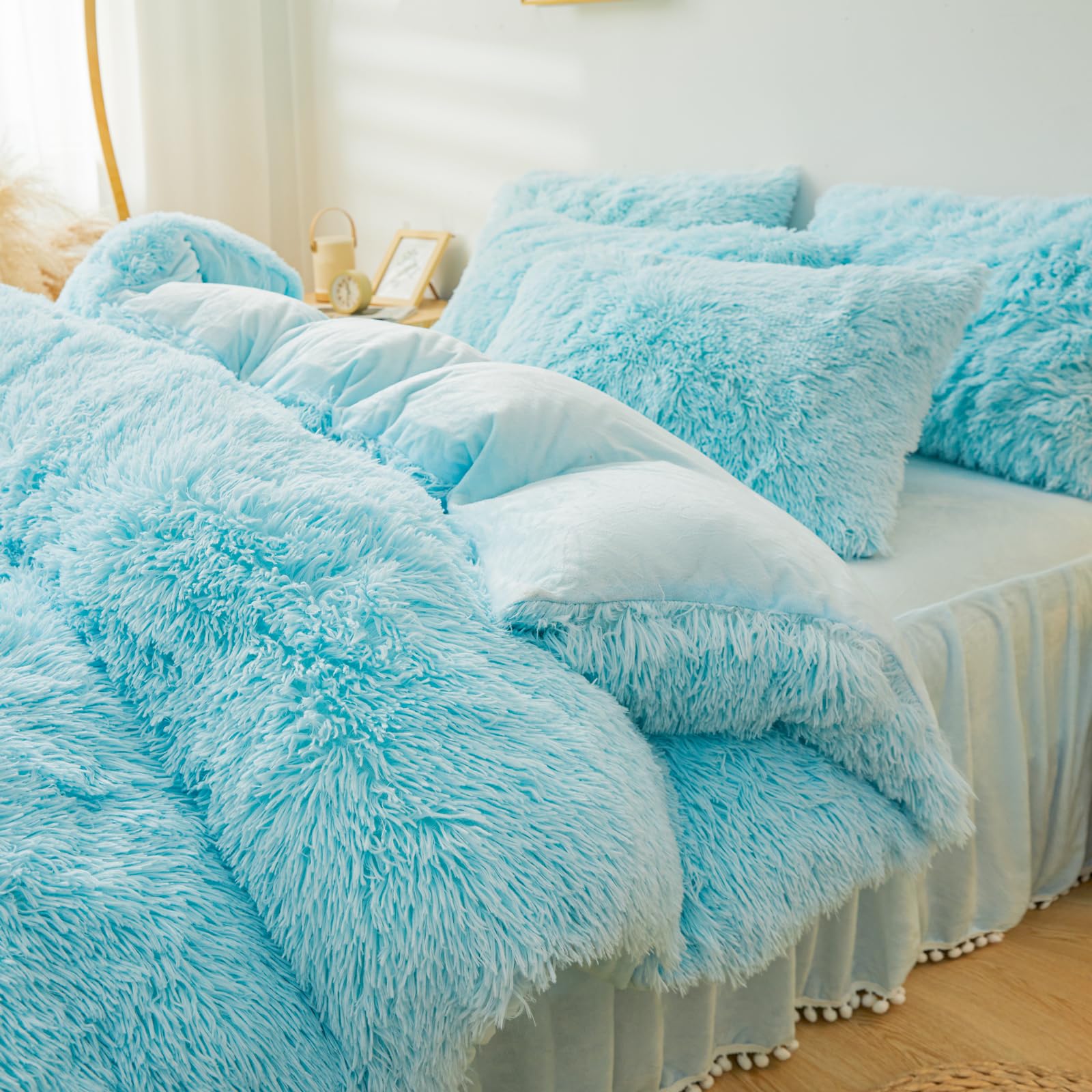 Fluffy Pink Faux Fur Comforter Cover Set，Fluffy Fuzzy Plush Pink Bedding 3Pcs (1 Faux Fur Duvet Cover +2 Fuzzy Pillowcases) Pink Fluffy Bed Set (Pink, Queen)