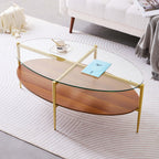 Round Coffee Table, Mid-Century Modern Design, D30 x H17, for Living Room, 2-Tier Structure, Amber Glass Top and Walnut MDF Shelf, Sleek Conical Metal Legs with Gold Finish