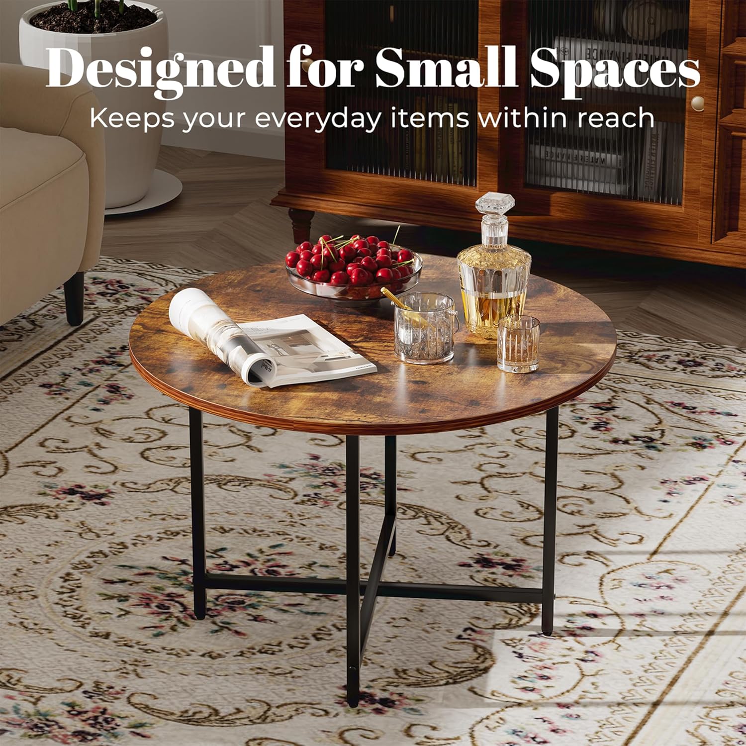 Round Coffee Table, Small Coffee Tables for Living Room, Wood Coffee Table with Metal Frame, Floor Table Desk for Sitting on The Floor, Home, Office, Farmhouse, Rustic Brown (23.6"D x 17.7"H)